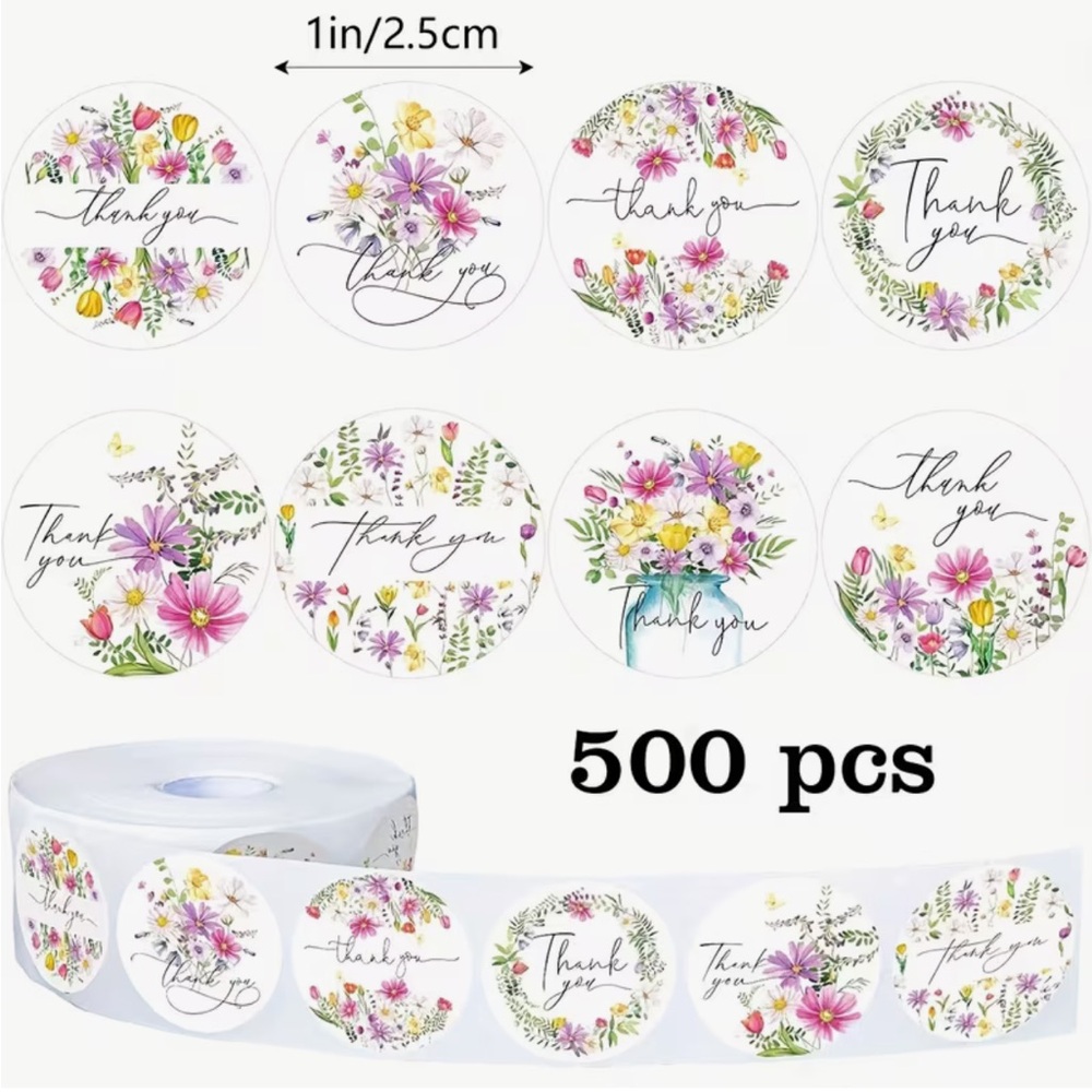 Floral "Thank You" Sticker Roll - 500Pcs for Business or Personal (1”diam)
